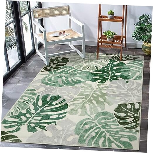 Monstera 3x5 Washable Rug, Sage Green Leaf Area Rugs for Bedroom, Non-Slip