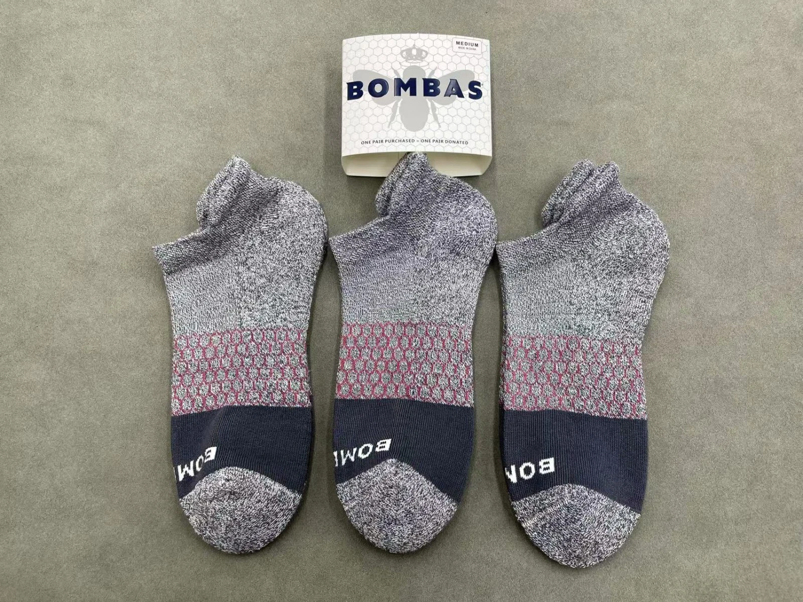 3 pairs BOMBAS Women's Tri-Block Marl Ankle Socks Medium 8-10.5 Grey
