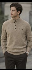 NEW Chaps Sweater Brown/Beige Pullover Mock Neck 1/4 Buttons Elbow Patch Size XL