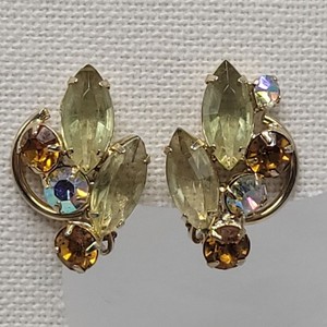 Vtg Clip-On Earrings Yellow Marquise Aurora Borealis Rhinestones Gold-Tone Setti