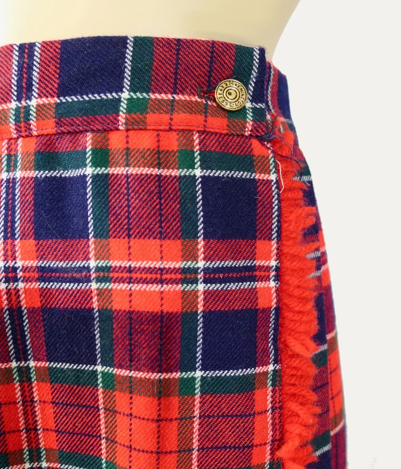 70s Vintage Wool Tartan Red Plaid Mod Fringe Pleated Wrap Around Maxi Skirt Sz S - Image 3 of 4