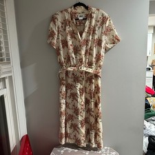 Vintage Leslie Fay Floral Print V Neck Short Sleeve Belted Midi Dress Sz 18