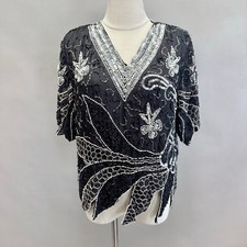 Vintage 80s Black Beaded Sequin Blouse Short Sleeve Evening Party Art Deco Glam