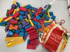 Playskool Duffle Bag of Colored Blocks Vtg #660 wooden educational toy 125+