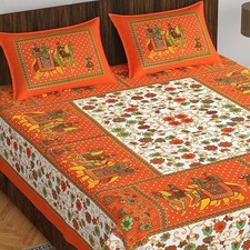 100 Cotton Jaipuri Traditional Floral King Size Bedsheet Set Orange 2 Pillow