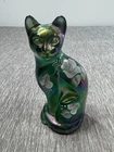 Fenton Iridescent Purple Satin Glass Cat Signed Artist C. Smith Figure Flowers