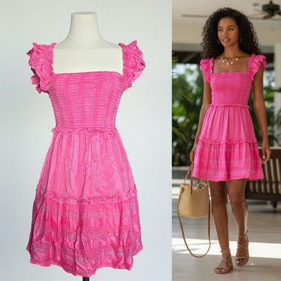 PQ Dress Pink Shimmery Smocked Ruffle Tiered Barbiecore Fairiecore Anthropologie