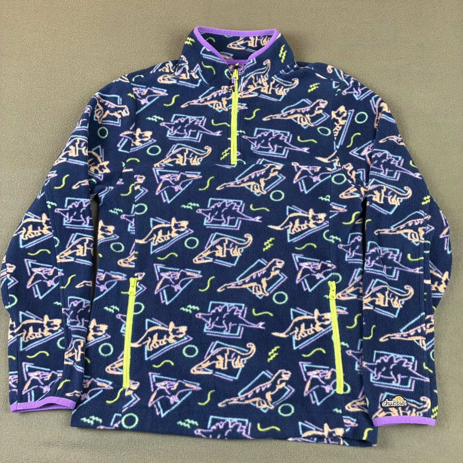 Chubbies Jacket Mens Medium Blue Dinosaur Fleece Pullover 1/4 Zip Sweatshirt image 2