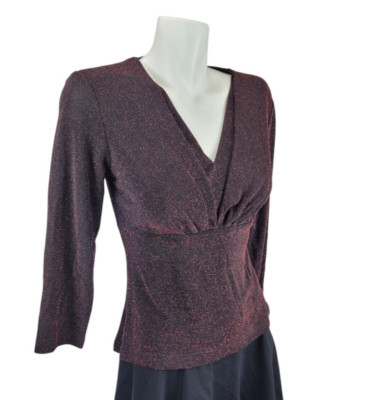 Black Red Sparkles VTG Babydoll Stretch V Neck Womens M Dance Party Top  Y2K