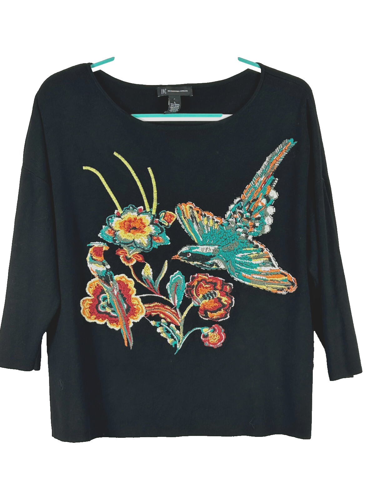 INC Embroidered Sweater Size Large Blick MultiColor Floral Bird 3/4 Sleeve