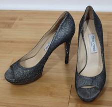 Jimmy Choo 40.5 Luna Gray Mirrored Metallic Sparkle PeepToe Platform Heels Italy