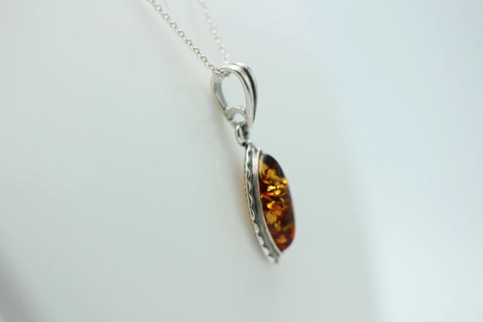 Pendente In Ambra Marrone In Argento Sterling 925 Collana Gioielli In Ambra - Immagine 4 di 4