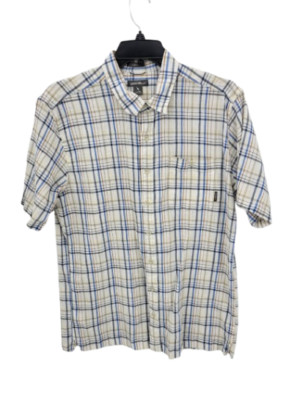Eddie Bauer Shirt Mens TXL Blue Tan White Plaid Gauze Short Sleeve Button Up