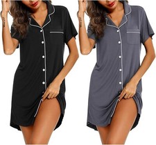 2 Pack Womens Nightgowns Short Sleeve Button Down Sleepwear Pajama Dress V Neck