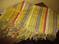 WORLD MARKET FIESTA STYLE YELLOW GREEN RED STRIPE FRINGED SQUARE TABLECLOTH 60"