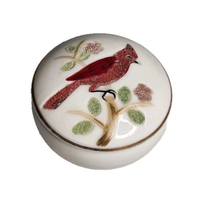 Vtg Ceramic Christmas Cardinal Trinket Box Dish Handpainted White Red Round Lid