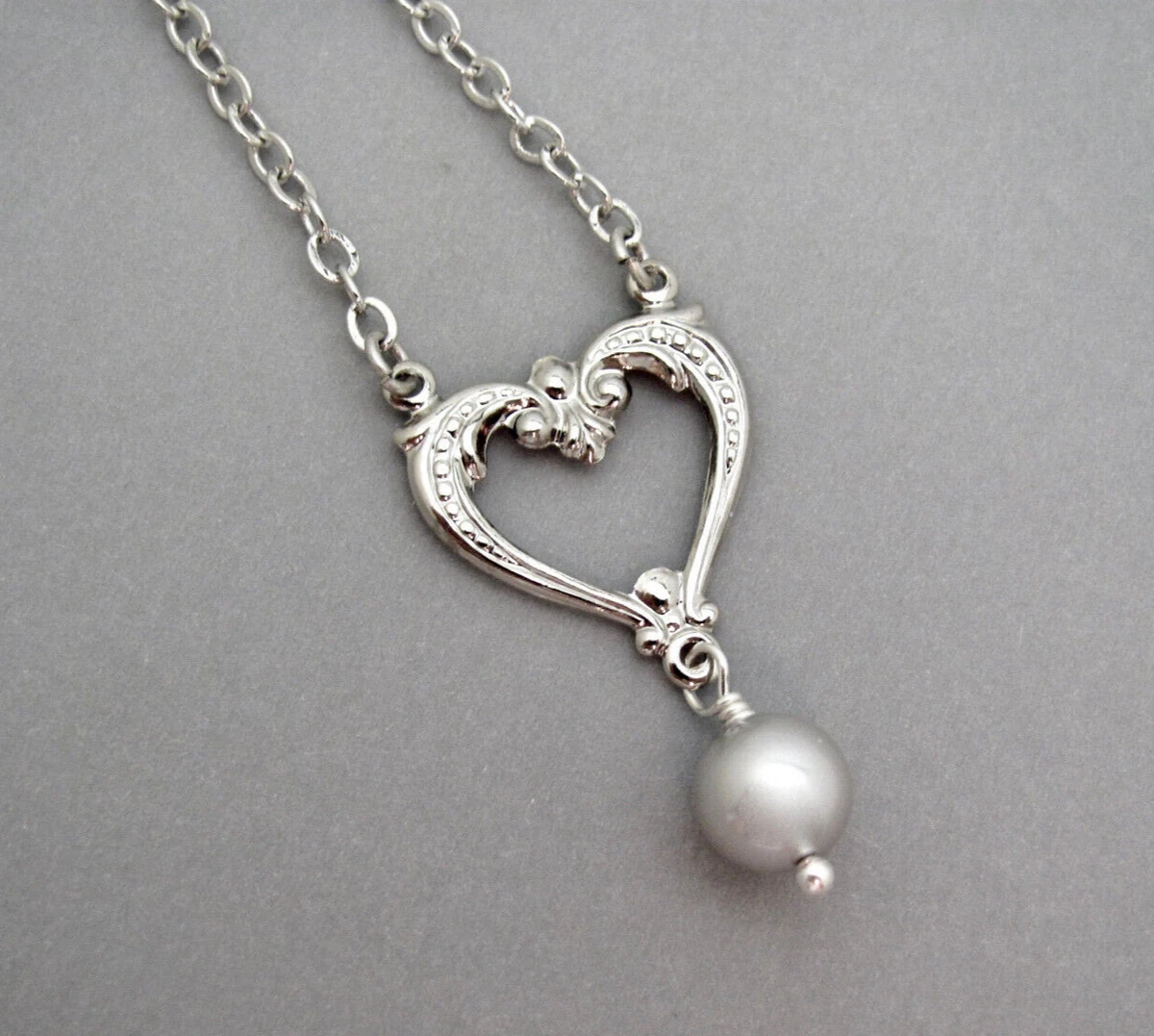Valentine Heart Necklace Silver Gray Crystal Pearl Romancecore Girlfriend Gift
