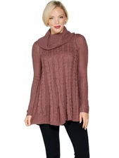 Denim & Co. Regular Cable Knit Cowl-Neck Tunic Sweater, Rose Brown, M.