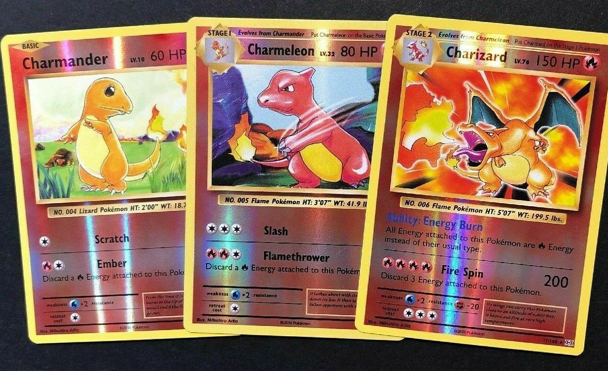 REVERSE HOLO Charizard 11/108 + Charmeleon + Charmander 3-CARD SET Pokemon ...