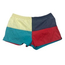 Vtg 1980s Men  s Swim Trunks Freestyle Color Block Teal Red L Short 3  Inseam