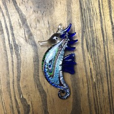 Glass Seahorse Pendant Blue Green Sealife Ocean Jewelry 2.5