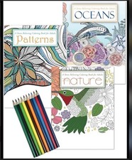 New Set Of 3 Adult Coloring W/Pencils Ocean, Nature  Patterns In Plastic Pack