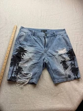 INC International Concepts Mens Jean Shorts 34 Blue Denim Palm Tree Distressed