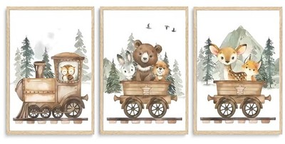 SZHUAAIC 3Pcs Woodland Animal Nursery Canvas Wall art Forest Wildlife Train A...