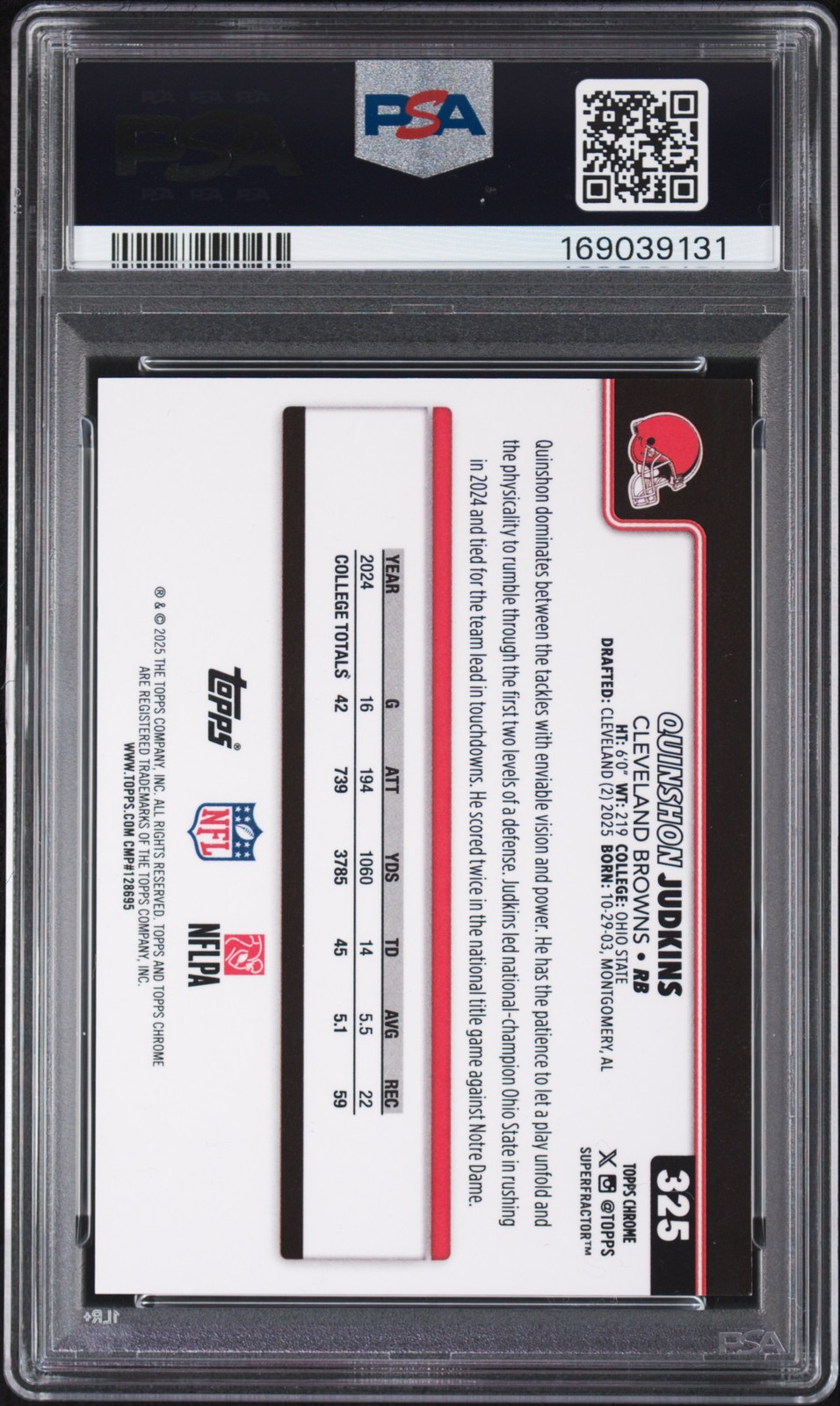 2025 TOPPS CHROME SUPERFRACTOR 1/1 #325 QUINSHON JUDKINS ROOKIE RC 1/1 PSA 8 view 2