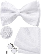 Paisley Bow Tie for Men Silk Woven Pre-tied Bowtie and Pocket Square White