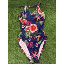 Kona Sol High Cut One Piece Swim Suit floral Hawaiian Hibiscus Criss Cross Back