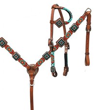 Showman Leather Headstall  Breast Collar Set w/ Teal Navajo Beaded Design