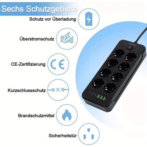 Steckdosenleiste 8-Fach 3 USB Mehrfachsteckdose mit Flachstecker und Schalter DE - Bild 4 von 13