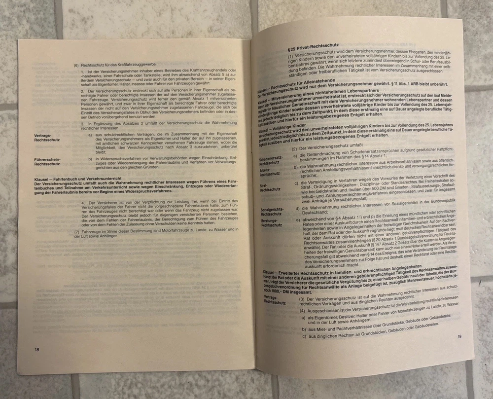 Alte Advo Card Broschüre Allgemeine Bedingungen Rechtsschutzversicherung 90er