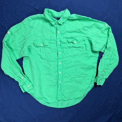 Polo Ralph Lauren Mens XL Safari Linen Button Down Shirt Lime Green Roll Sleeve