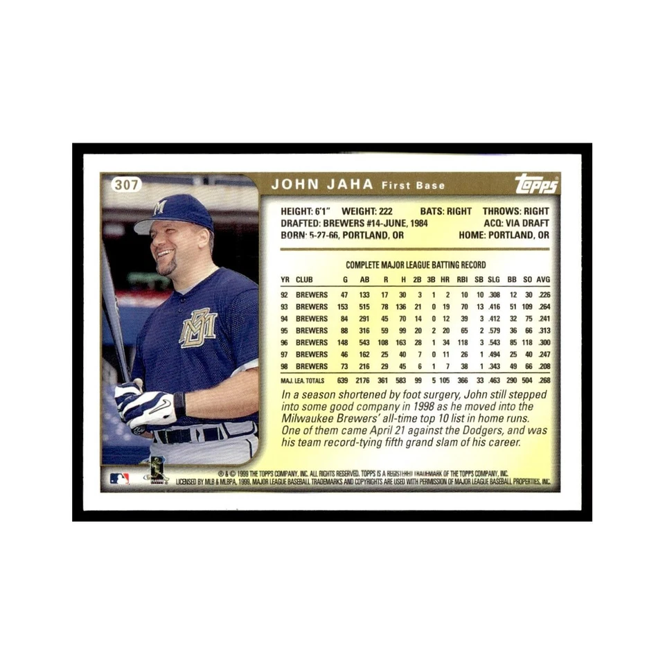 John Jaha 1999 Topps #307 Milwaukee Brewers Baseball Card NM - Image 2 of 3