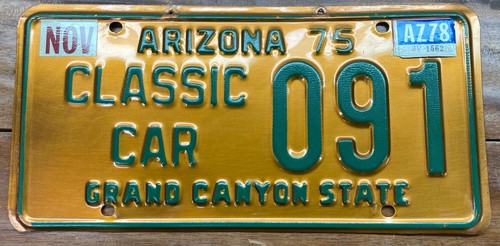 RARE, FAIRLY NICE, 1975 ARIZONA SOLID COPPER CLASSIC CAR LICENSE PLATE, LOW # 91