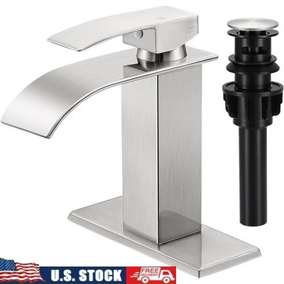 Waterfall Bathroom Faucet Single Handle Stainless Steel Pop Up Drain  Install US