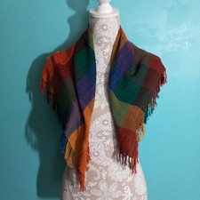 Vintage Scarf Shawl 28 x 27" Square Blue Orange Red Green Fringe Academia *pulls