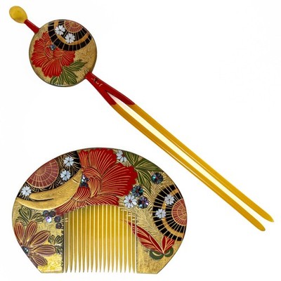 VTG Japanese Celluloid Kushi & Hira Kanzashi Hair Ornament Set Ornate Design