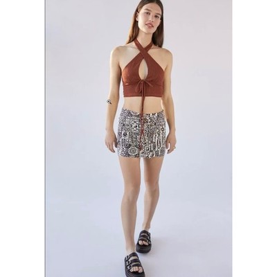 Urban Outfitters Rust Brown Textured Halter Cross Front Crop Top - Size XS