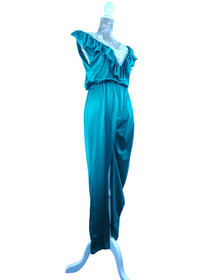 VTG Silky FRILLY Satin Nylon Jumpsuit Playsuit Lace Ruffle Romper Dress lingerie