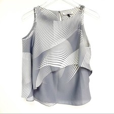 HALSTON HERITAGE Blouse Size 4 Blue Geometric Sleeveless Blouse Ruffle Tank 