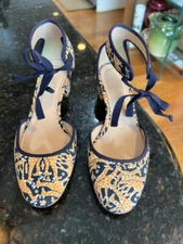 Drake's for J.Crew Giraffe Print Block Heel Shoes, Ankle Ribbon Strap, Size 6