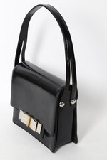 Vintage Black Snake Embossed Leather Bow Flap Top Handle Handbag Purse Bag