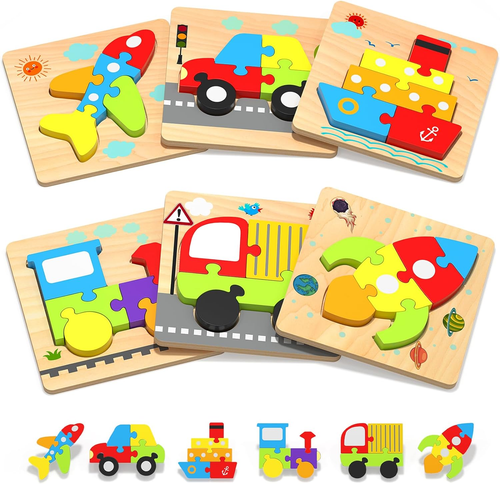 Wooden Toddler Puzzles Gifts Toys for 1 2 3 Years Old Boys Girls, 6 Vehicle Shap
