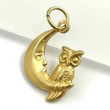 Owl Charm Crescent Moon Pendant Brass Metal Stamping Celestial Jewelry