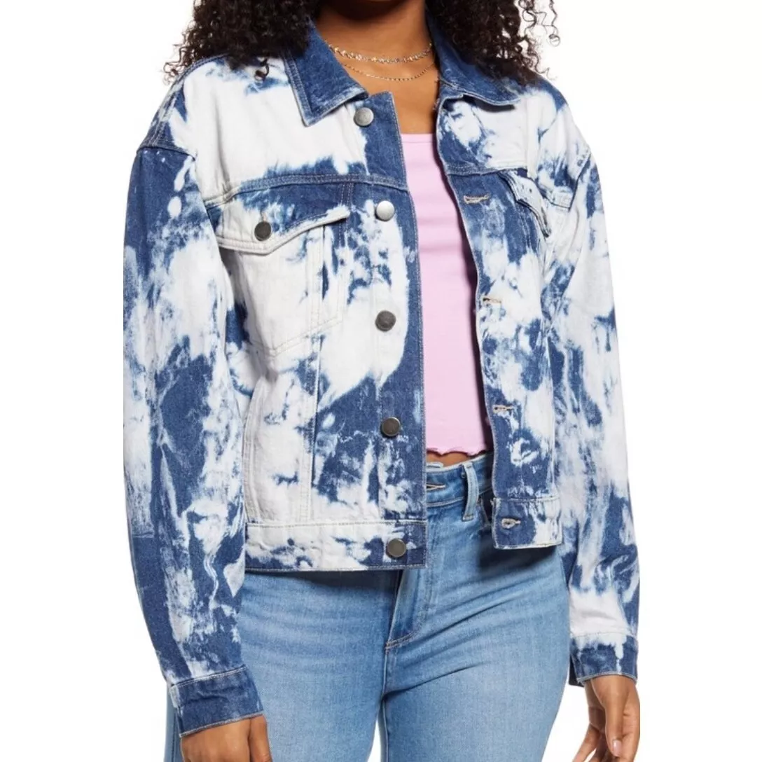 New BP Bleach Overdye Denim Jacket Blue Bleached Cotton Jean Jacket Size Small