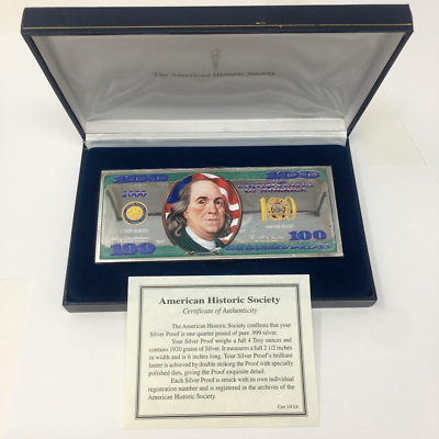 4 Troy Oz .999 Fine Silver Colorized $100 Bill Bar, Ben Franklin