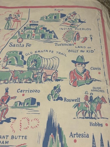 Vtg 50s New Mexico Cotton Souvenir Tea Towel Tablecloth Map Landmarks 31” X 38” - Picture 5 of 8